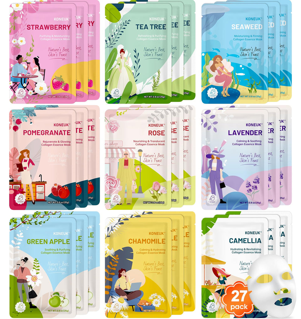 KONEUK front packaging showing 27 mask packs and colorful designs for gifting