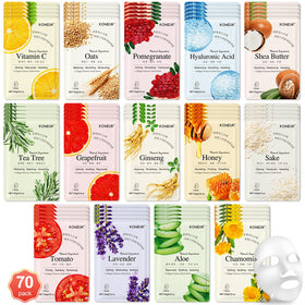 KONEUK front packaging showing 70-pack and colorful mask wrappers, highlights value