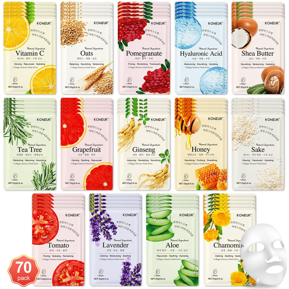 KONEUK front packaging showing 70-pack and colorful mask wrappers, highlights value