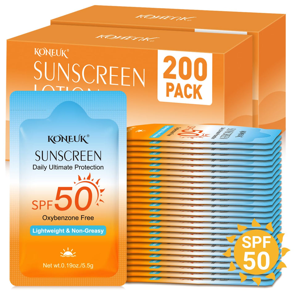 KONEUK front view of stacked SPF 50 packets showing compact travel convenience