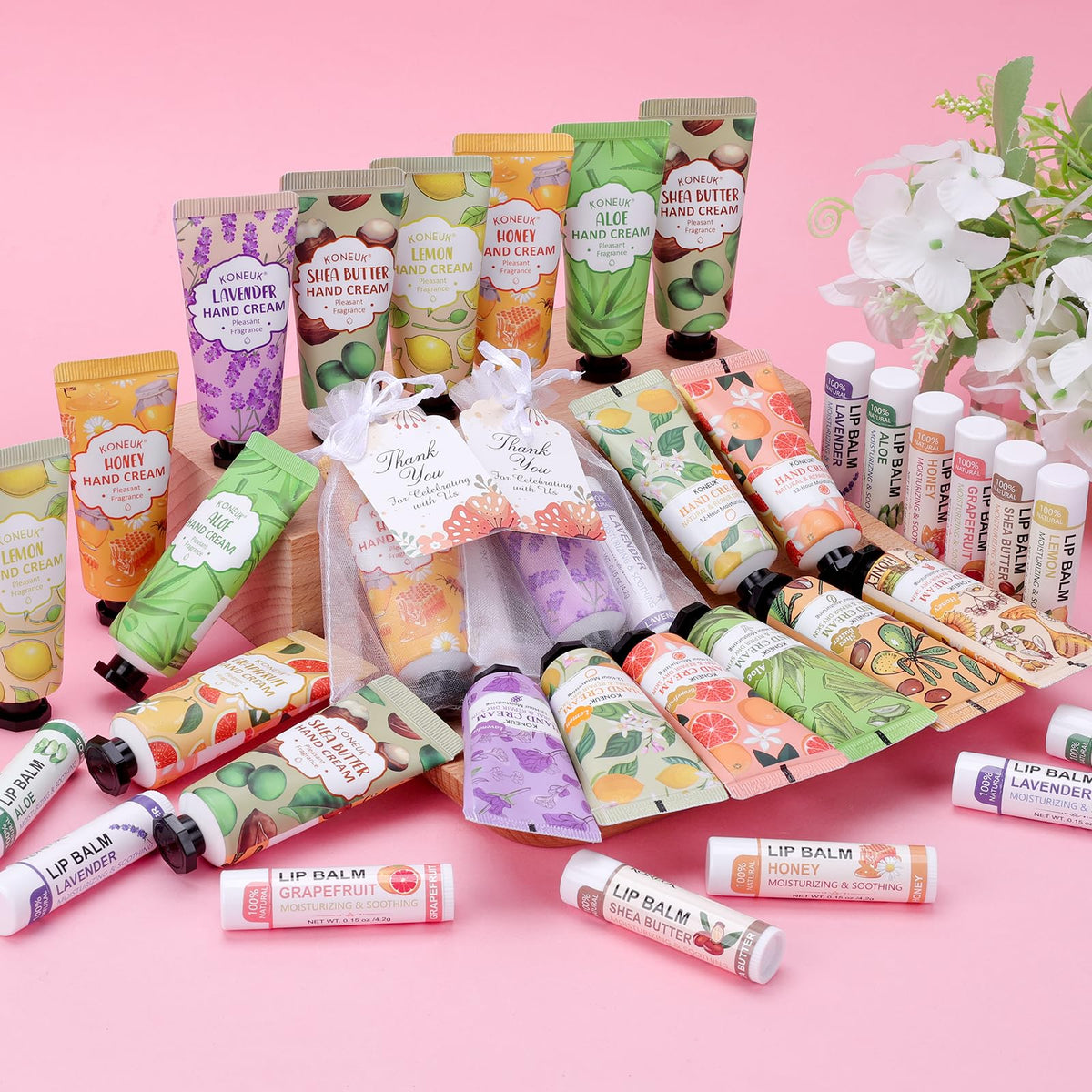 KONEUK lifestyle table display with multiple favors arranged for weddings and shower guest distribution