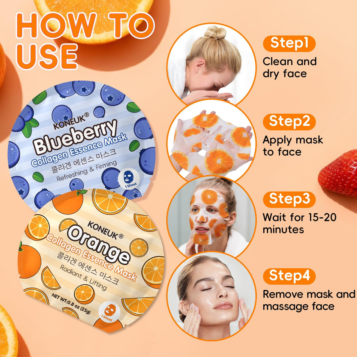 KONEUK six fruit mask varieties laid out highlighting options and colorful mood benefit