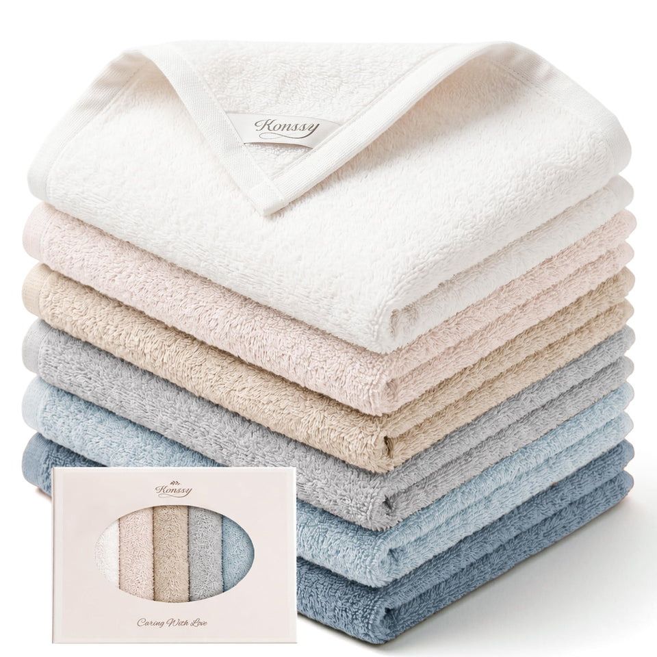Konssy front packaging showing six assorted washcloths and clear benefits