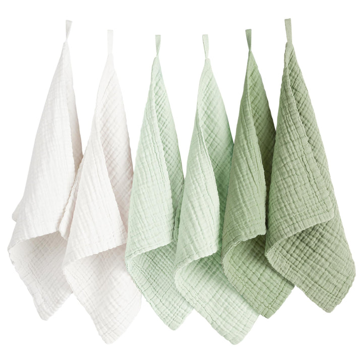 Konssy front view of six folded face cloths showing clean packaging and benefits