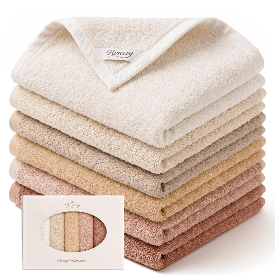 Konssy front packaging showing six-color washcloth set and gift-ready box