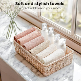 Konssy washcloths styled on bathroom counter suggesting organized daily routine benefit