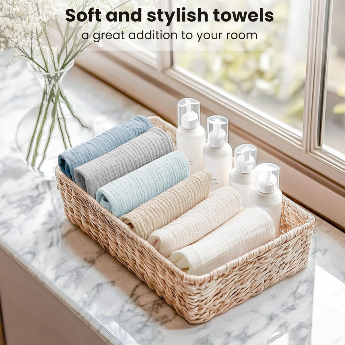 Konssy cloths styled on vanity illustrating daily routine and neat storage