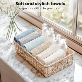 Konssy cloths styled on vanity illustrating daily routine and neat storage