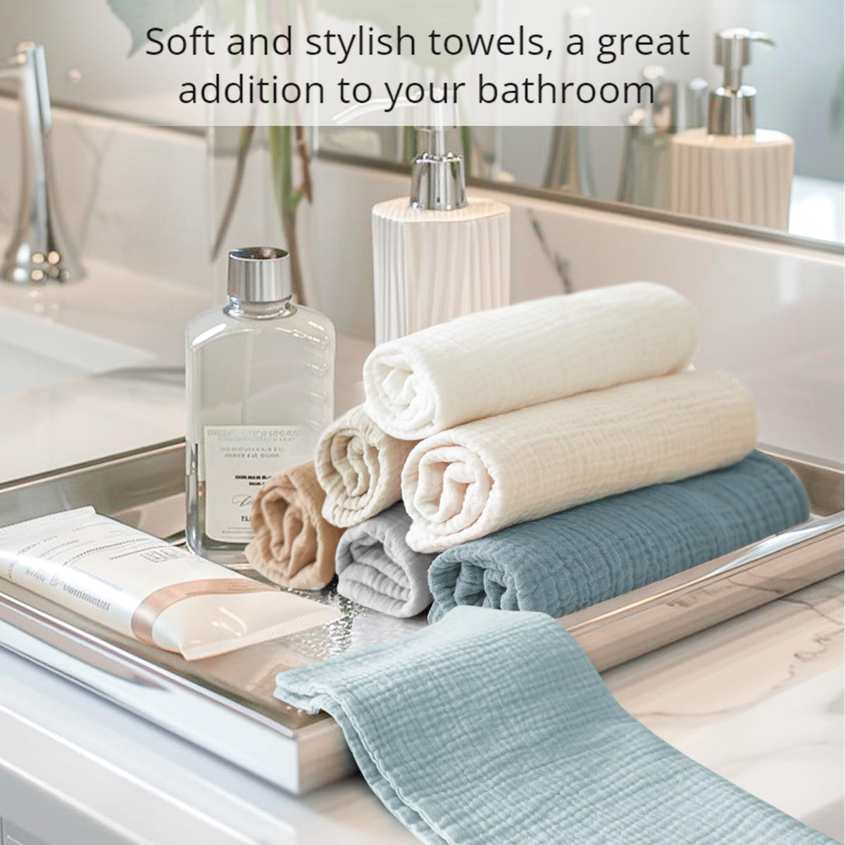 Konssy towels displayed in a neutral-toned bathroom setting showing versatile decor match