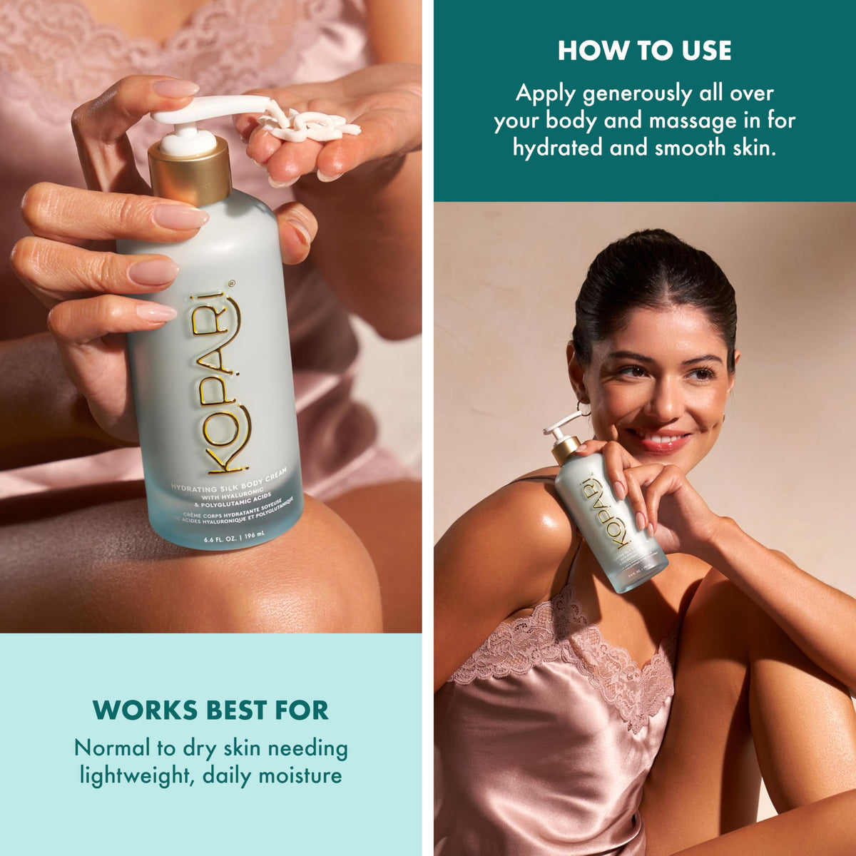 Kopari applied on forearm before and after, displays visible smoothing benefit