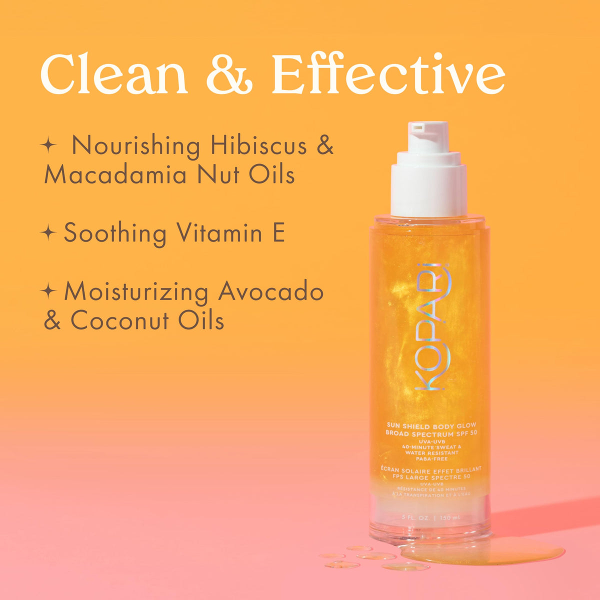 Kopari bottle label detail highlighting ingredients and SPF 50 clarity