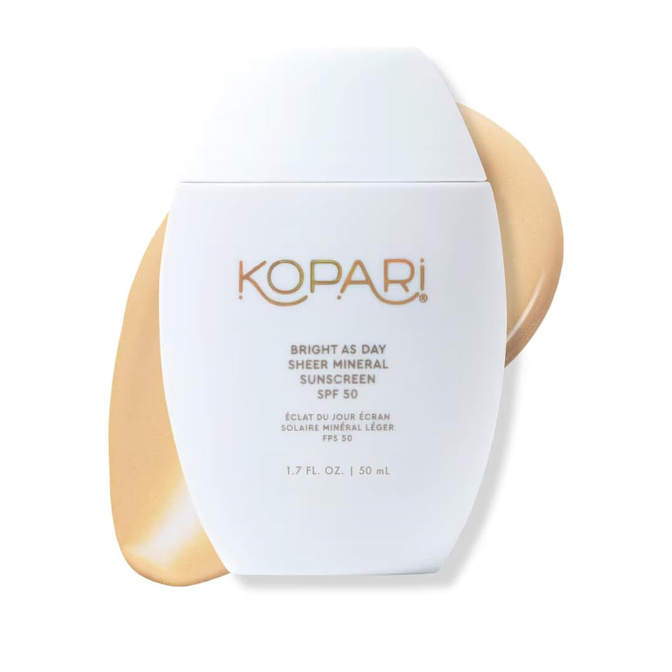Kopari front packaging showing SPF 50 protection and sheer finish benefit