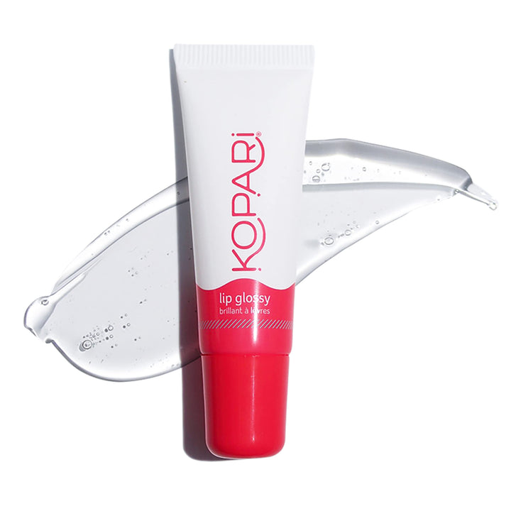 Kopari clear lip gloss front packaging showing sleek tube and label, hydrating shine