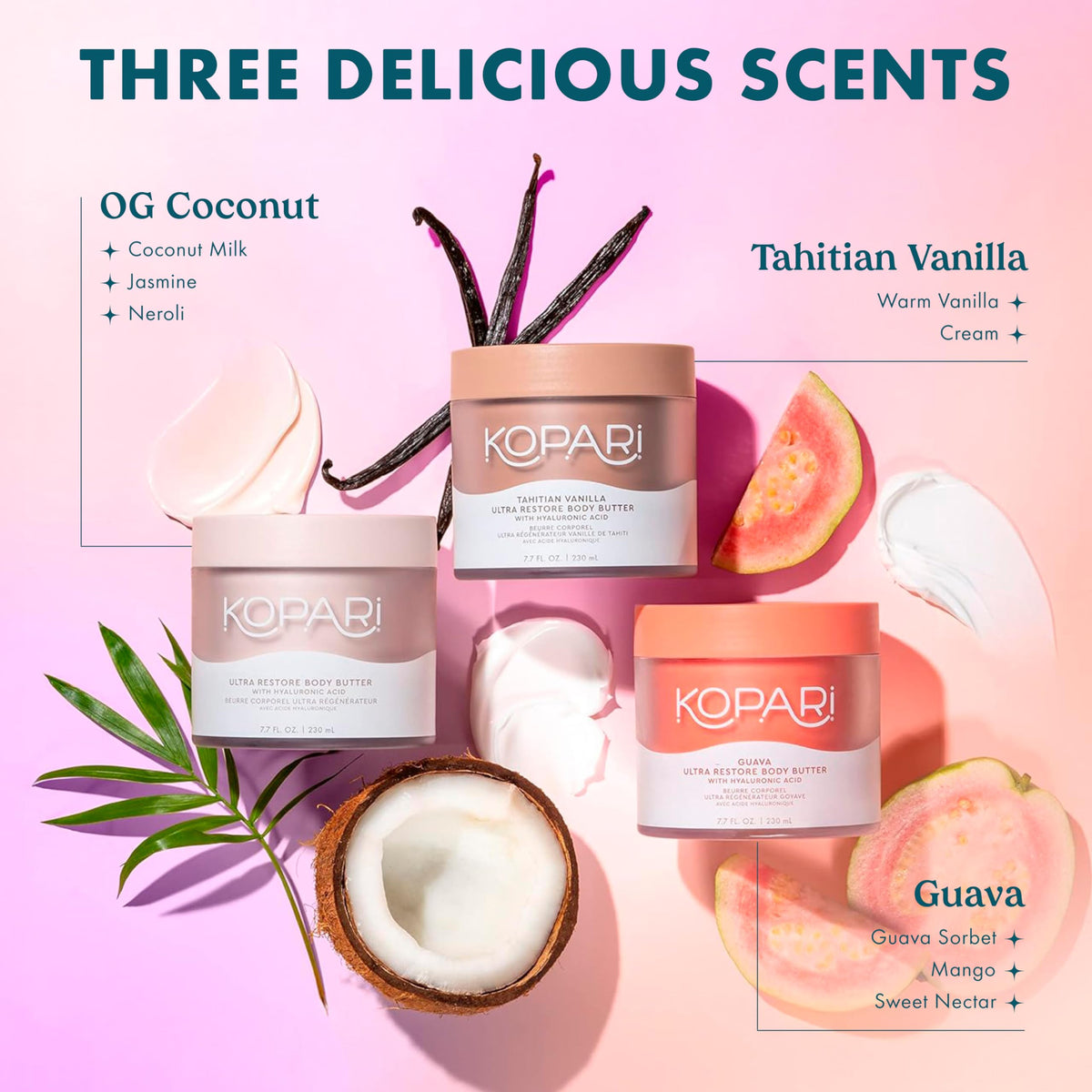 Kopari coconut scent bottle with blossoms evoking refreshing beachy aroma