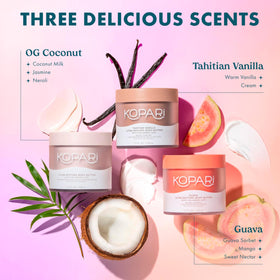 Kopari coconut scent bottle with blossoms evoking refreshing beachy aroma