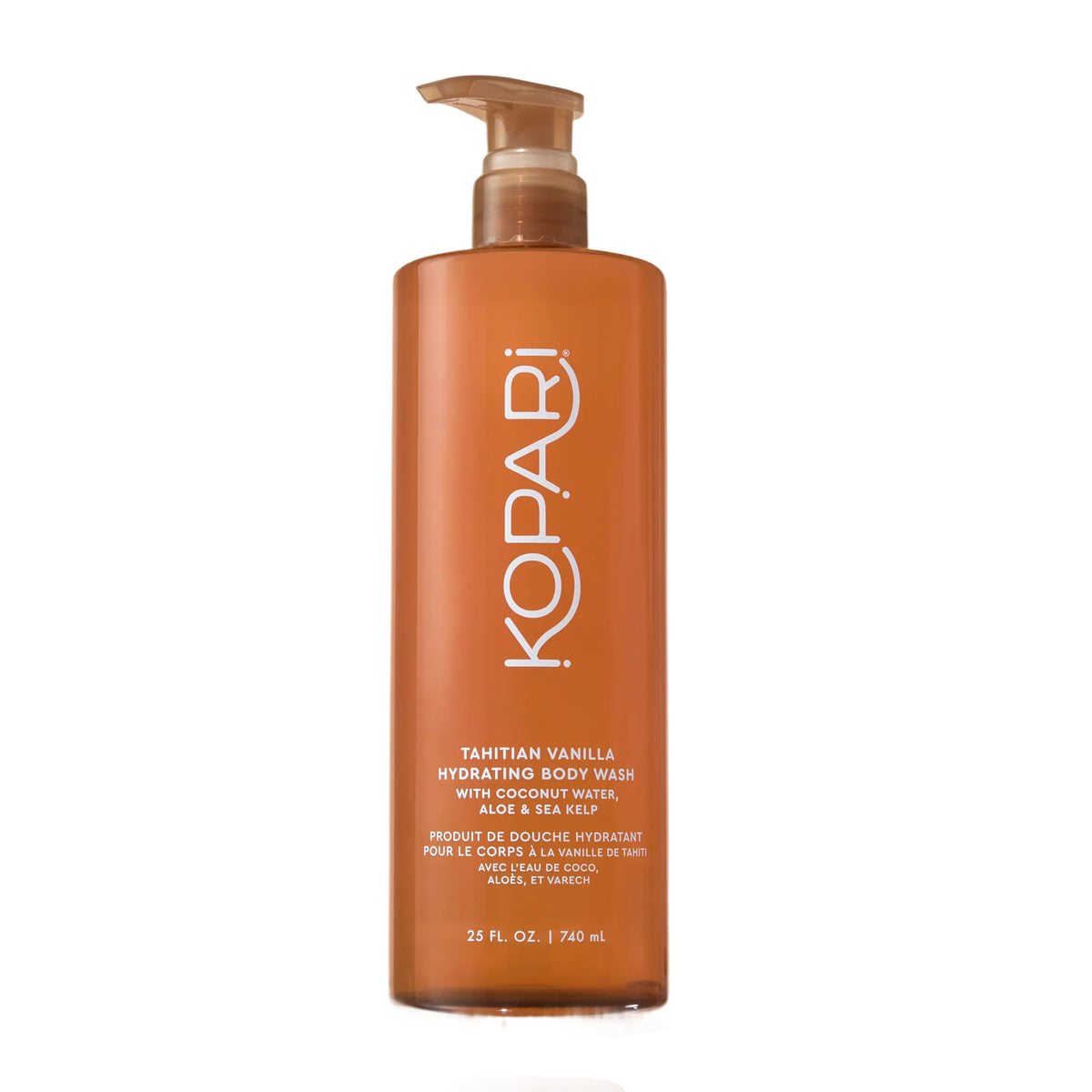 Kopari front packaging displaying jumbo 25 oz bottle and tropical scent benefits