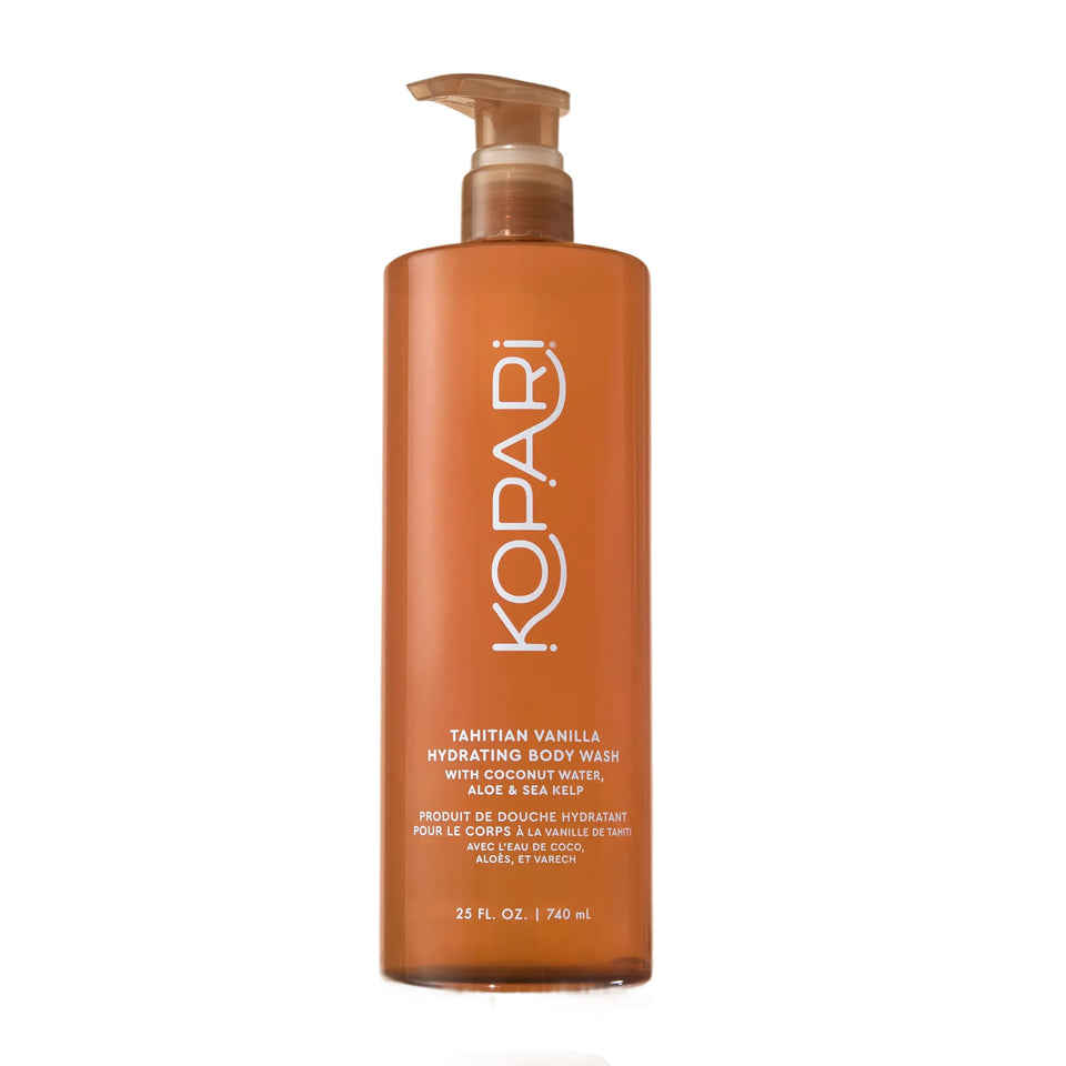Kopari front packaging displaying jumbo 25 oz bottle and tropical scent benefits