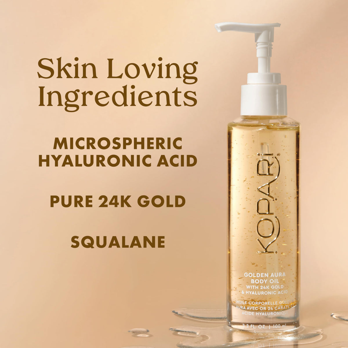 Kopari ingredient label close-up highlighting hyaluronic acid and nourishing oils benefit