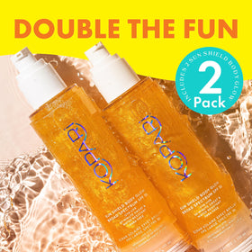 Kopari product in beach setting evoking tropical scent and sun-ready radiance