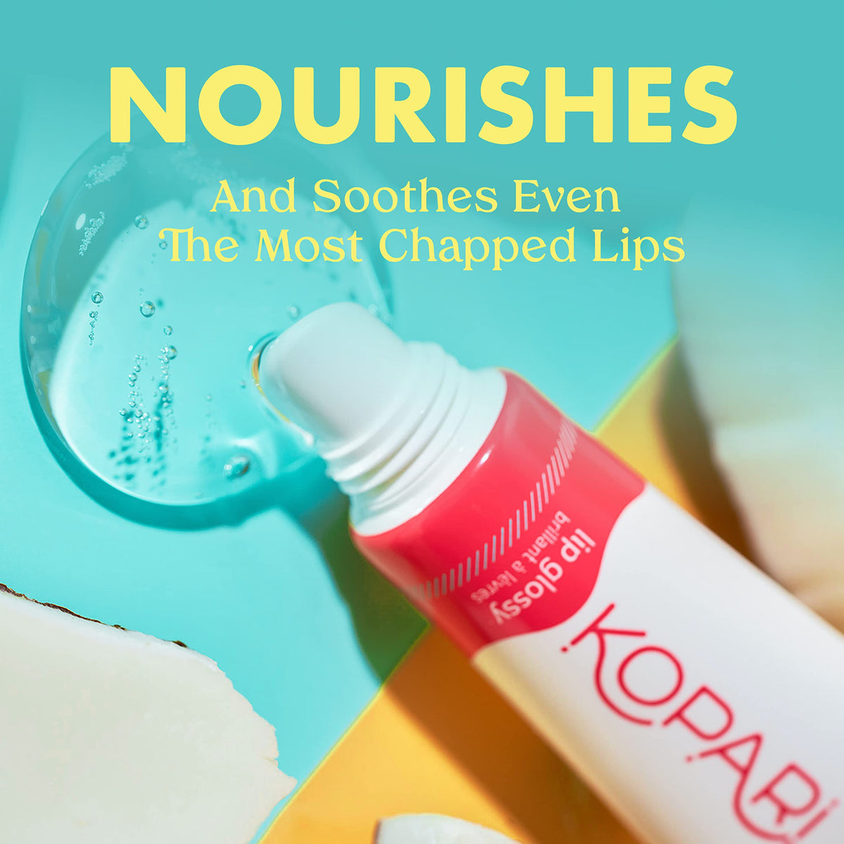 Kopari lip gloss applicator wand detail displaying smooth doe-foot for precise application