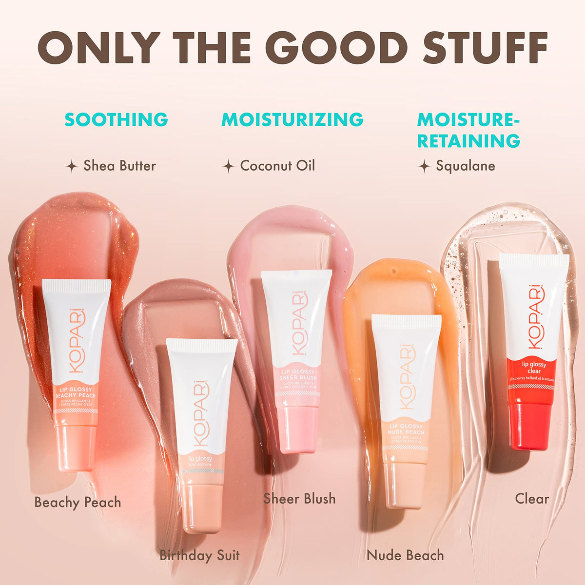 Kopari lip gloss size comparison next to lipstick showing portable travel-friendly tube
