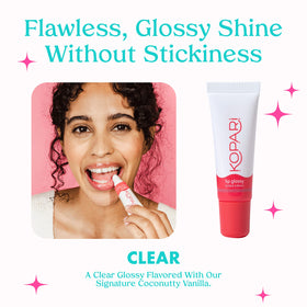 Kopari lip gloss texture swirl closeup highlighting glossy non-sticky finish for comfort