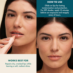 Kopari applied on lips showing natural tint and hydrated finish