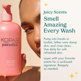 Kopari bottle in hand showing size and pump convenience for shower use