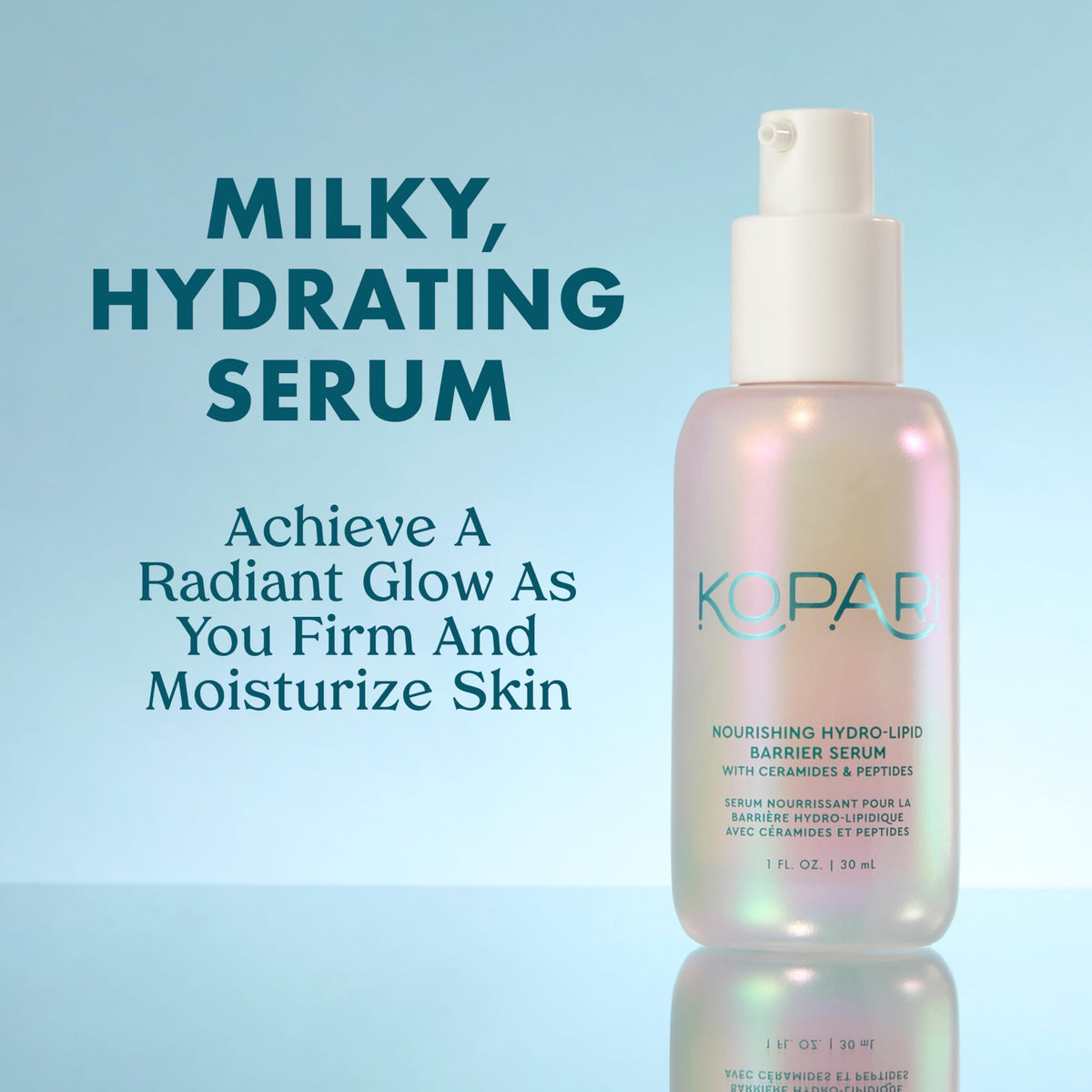 Kopari pump dispensing clear serum, demonstrates lightweight absorbent texture