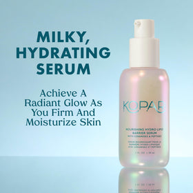 Kopari pump dispensing clear serum, demonstrates lightweight absorbent texture