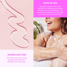 Kopari body wash in shower with loofah showcasing exfoliating lather benefit