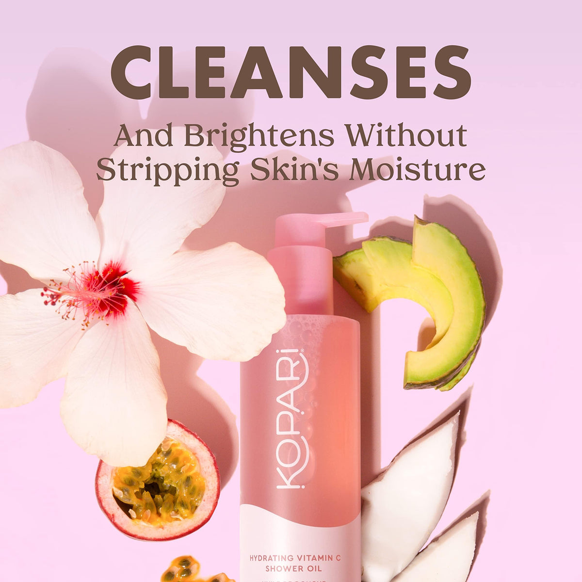Kopari pump dispensing sudsy foam illustrating easy lather and gentle cleanse