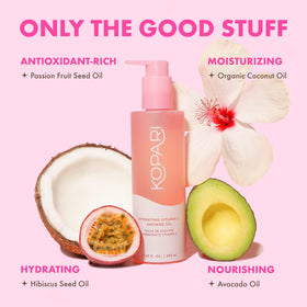 Kopari 8.4oz bottle beside common items showing product size and travel convenience