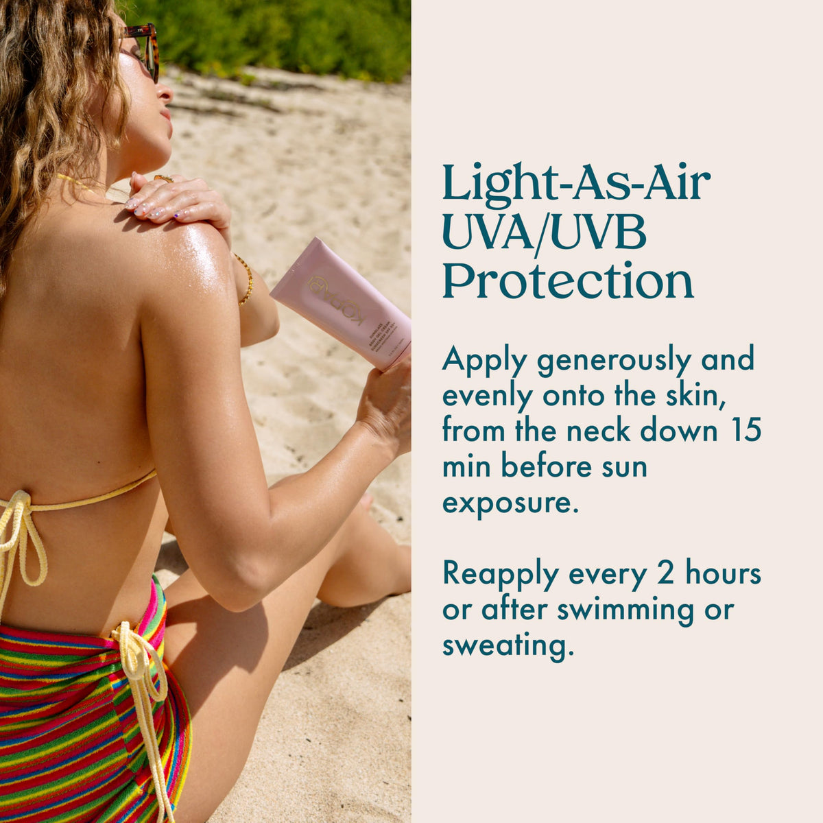 Kopari Sunglaze on beach day illustrating glowing skin and active protection