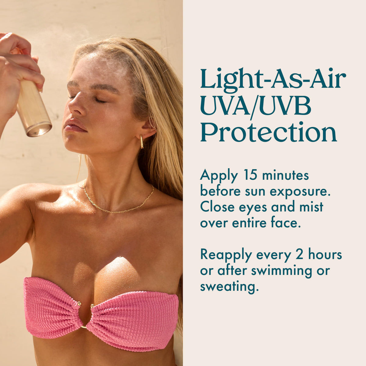 Kopari mist sprayed over finished makeup for protection and dewy finish