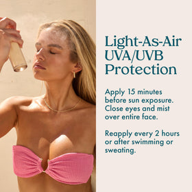Kopari mist sprayed over finished makeup for protection and dewy finish