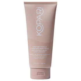 Kopari front bottle displaying Tahitian Vanilla label and size, clear benefit hydration
