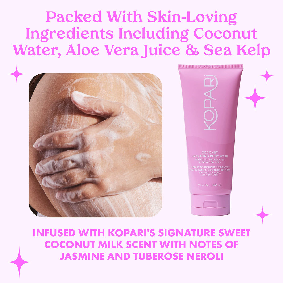 Kopari foamy texture on hand demonstrating gentle lathering benefit