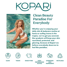 Kopari travel-sized pouch paired with essentials showing travel-ready protection
