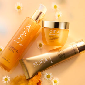 KORA Organics lifestyle bathroom setting suggesting a calming skincare ritual