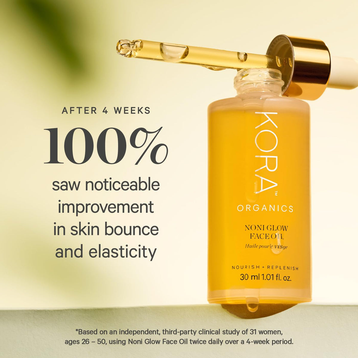 KORA Organics dropper releasing oil, illustrating precision and easy application benefit