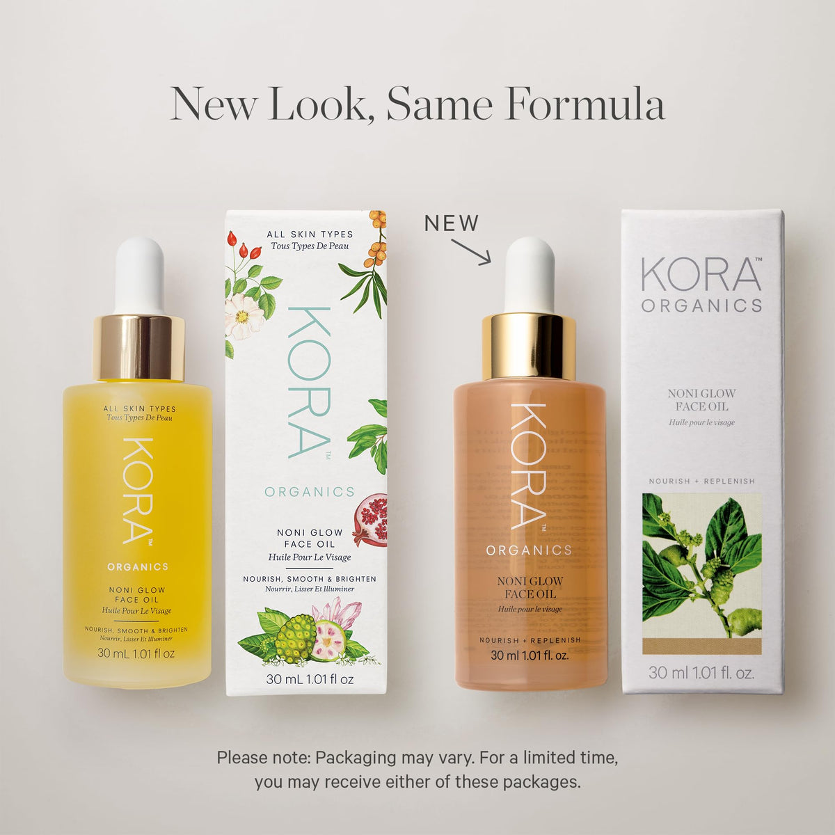 KORA Organics bottle near sunscreen and serum, promoting daytime radiance boost benefit