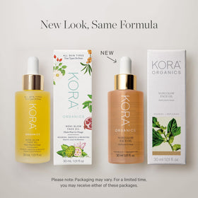 KORA Organics bottle near sunscreen and serum, promoting daytime radiance boost benefit