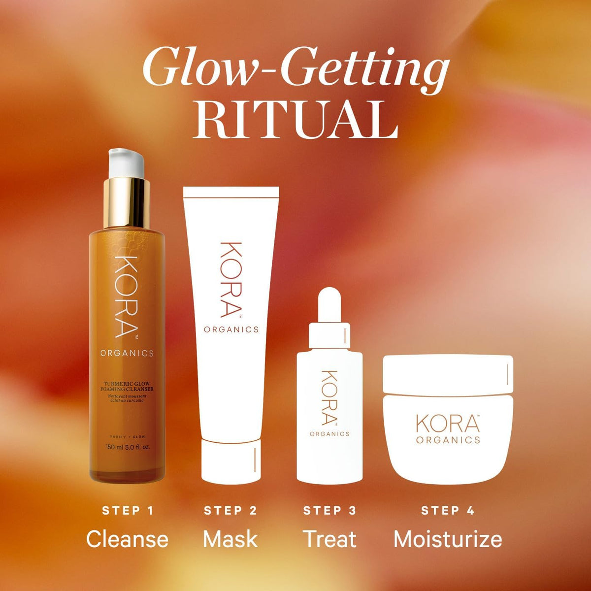 KORA Organics cleanser staged in bathroom routine, conveys everyday self-care uplift