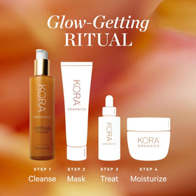 KORA Organics cleanser staged in bathroom routine, conveys everyday self-care uplift