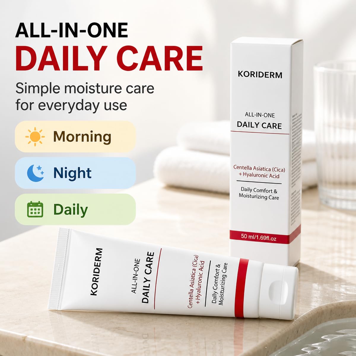 Koriderm cream texture close-up highlighting lightweight spreadability and hydration