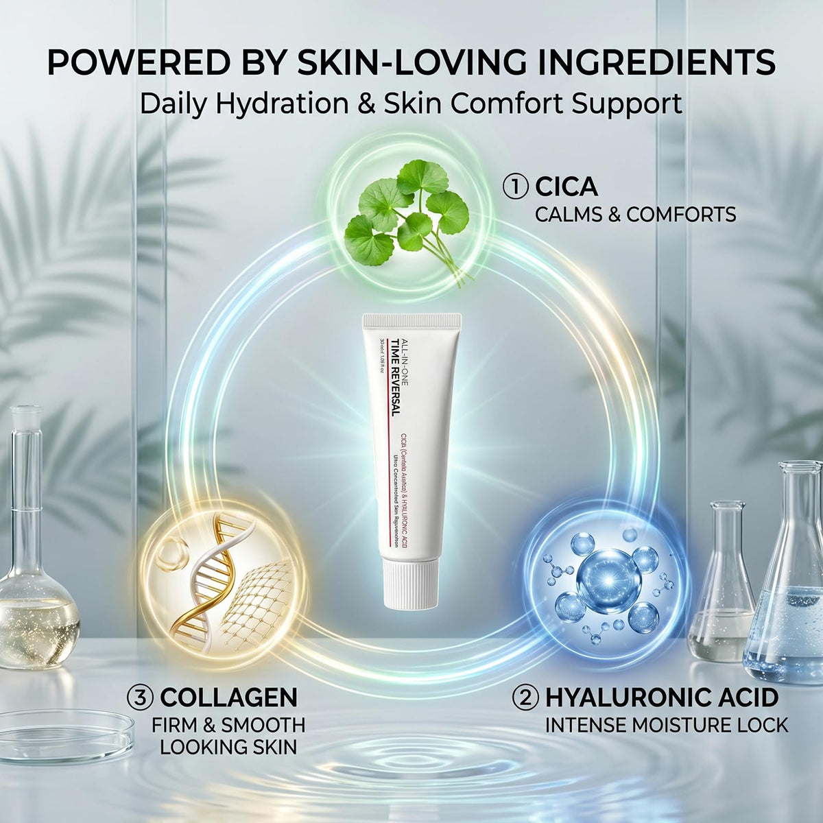 Koriderm Time Reverse Cream cica ingredient bottle highlighting soothing properties