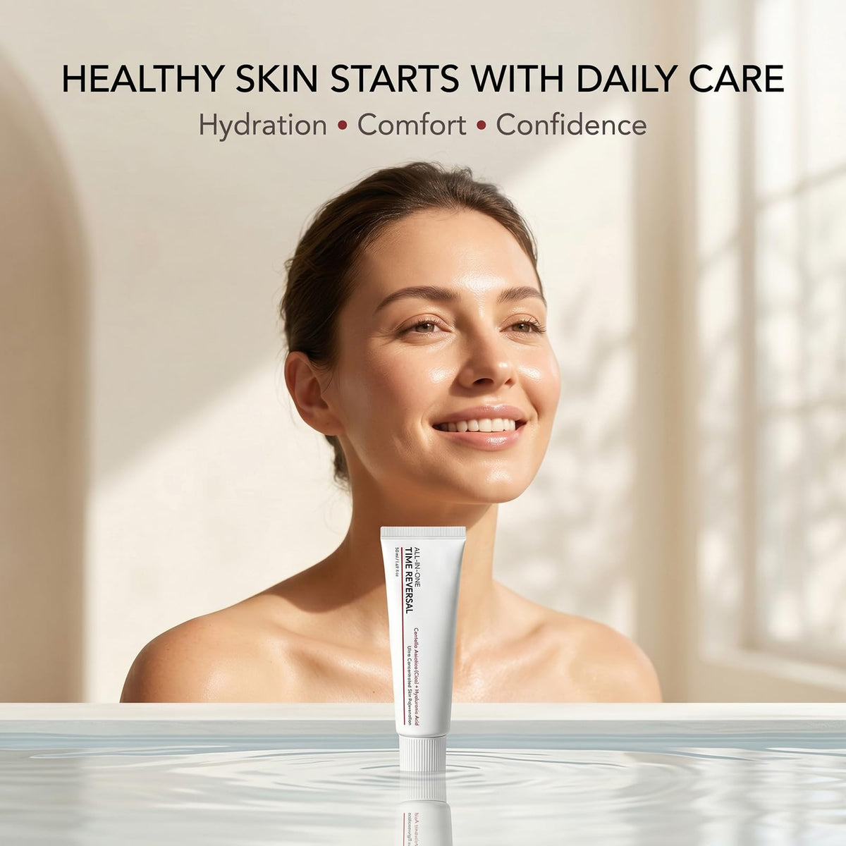 Koriderm Time Reverse Cream layered under makeup compact showing compatible, non-greasy finish