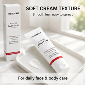 Koriderm product in hand scale demonstrating the 50 ml size for travel convenience