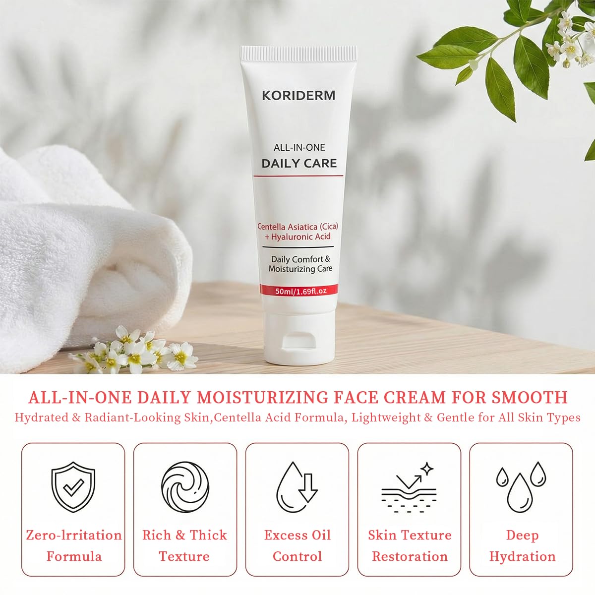 Koriderm texture closeup highlighting lightweight cream and fast absorption